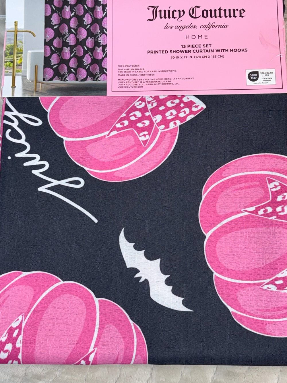 Juicy Couture Pinkoween Shower Curtain Pink Pumpkin Leopard Bow Halloween NWT - Picture 5 of 9
